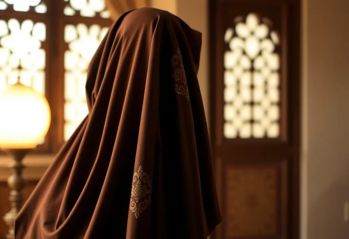 Un voile d'abaya en bazin de couleur chocolat se déverse en plis doux, éclairé par une lumière chaude. Les broderies scintillent légèrement.