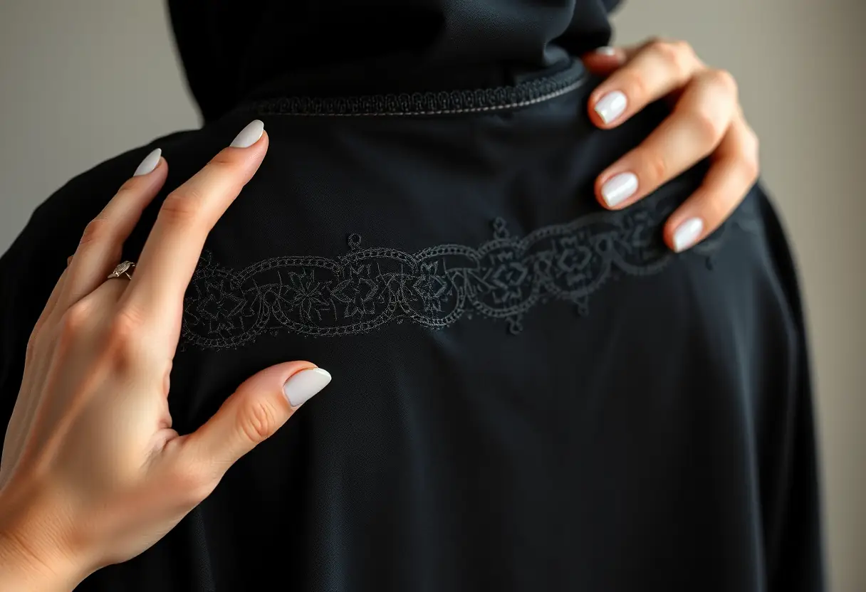 Une main féminine lisse délicatement l'ouvrage brodé au dos d'une abaya noire