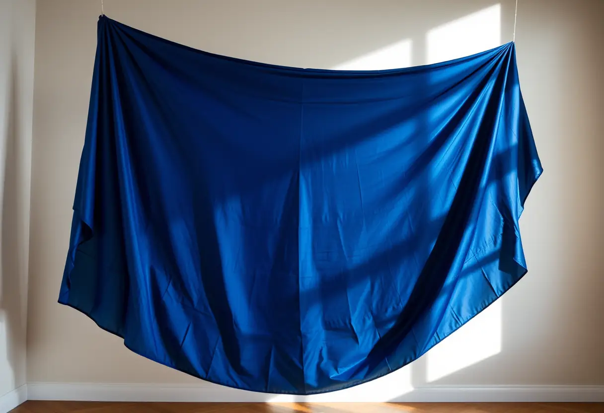 Un grand caftan en soie pend doucement dans une pièce lumineuse, ses plis se détachent avec élégance.