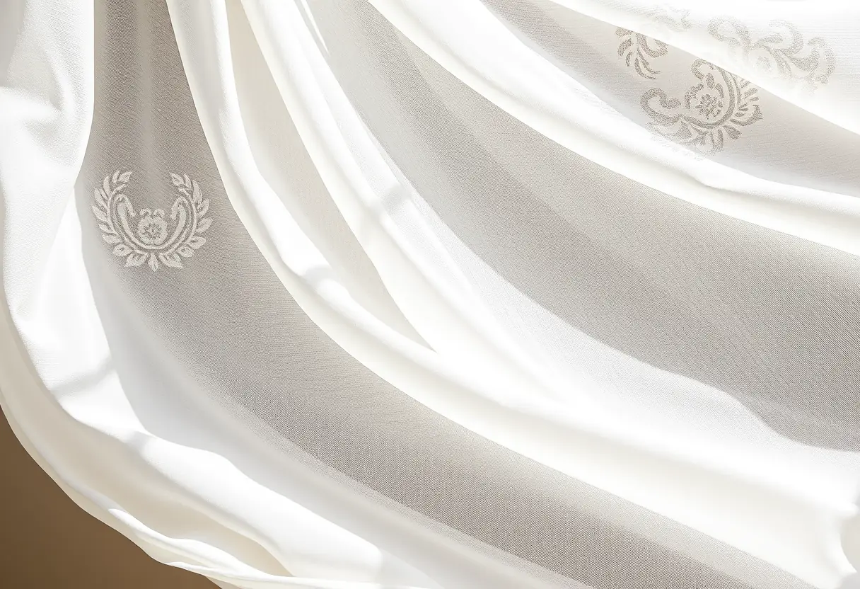 Un voile blanc flottant gracieusement, ses broderies fines captant la lumière, révélant des motifs complexes et une douce brillance.