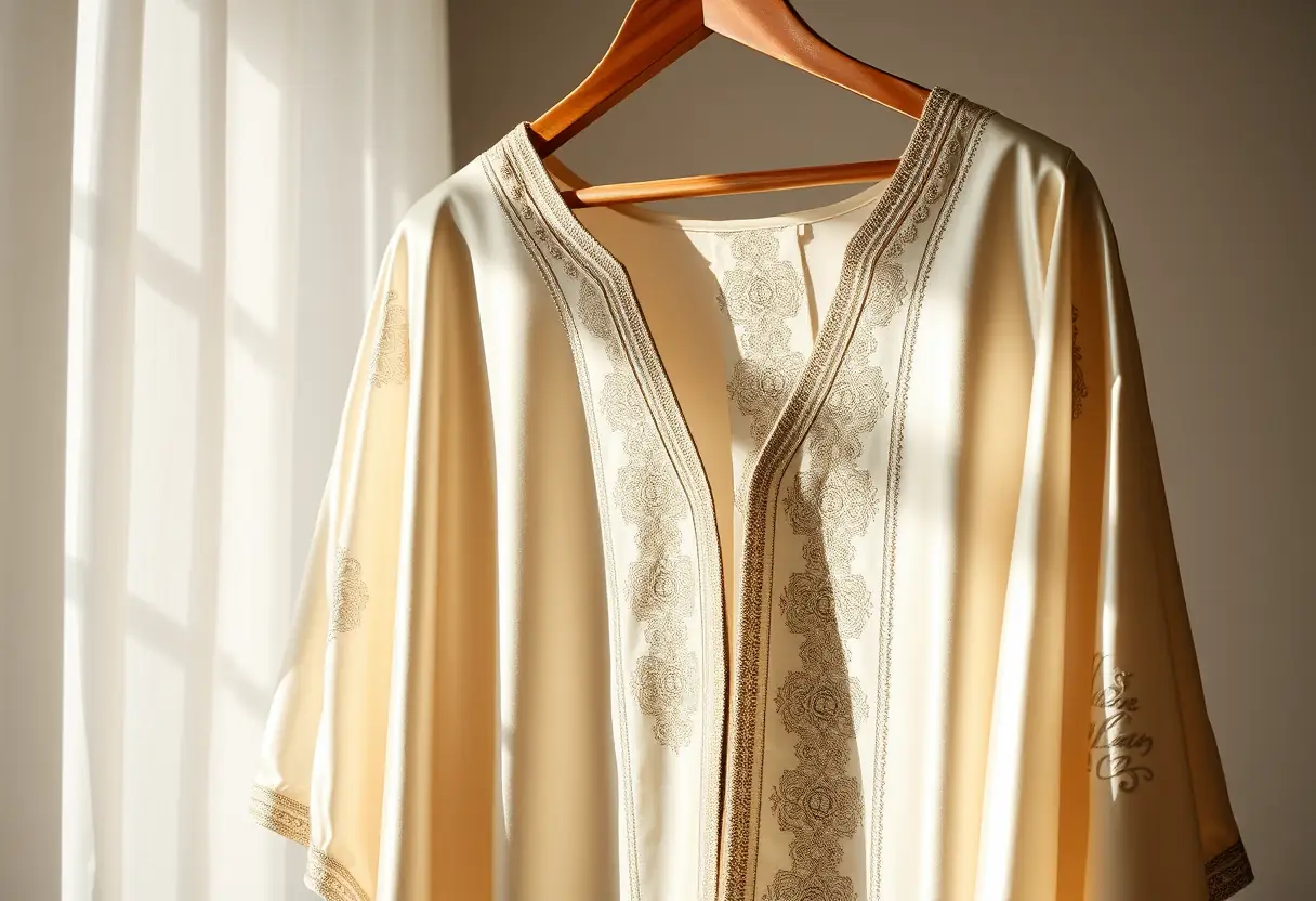 Un voile de soie luxueux pend d'un cintre, ses plis élégants brillent sous la lumière naturelle, révélant une broderie délicate.