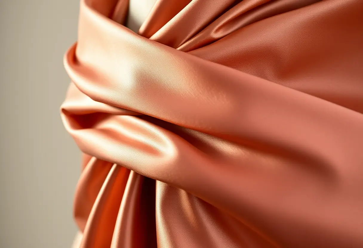 Gros plan sur le drapé fluide et la texture riche d'un caftan en soie et cachemire.