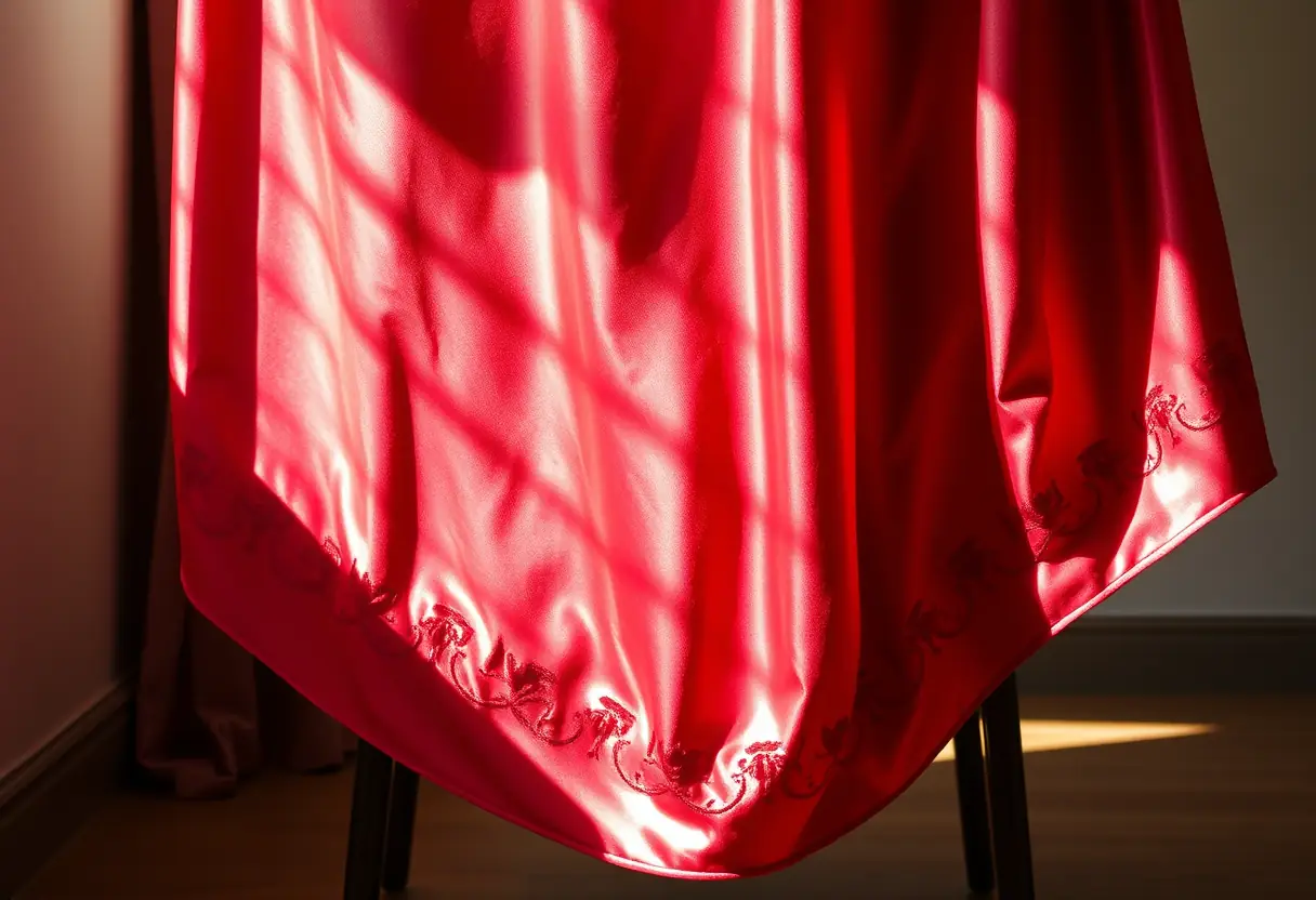Un caftan en soie rouge se drape gracieusement sur une chaise, mettant en valeur son brocart subtil.