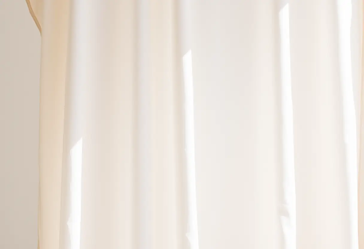 Un caftan moderne simple pend en cascade, ses plis doux soulignés par la lumière naturelle, mettant en valeur sa texture soyeuse.