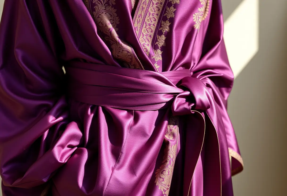Une robe caftan nouée à la taille par une ceinture en soie, les plis gracieux mettent en valeur l'embroiderie dorée
