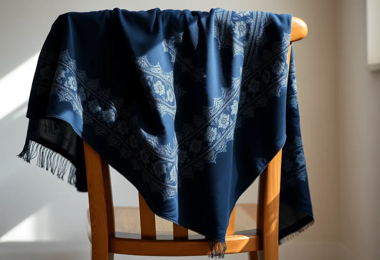 Un voile bleu foncé orné d'embroideries sur un siège en bois, éclairé naturellement.