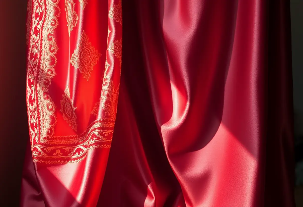Un voile de soie élégante avec une broderie détaillée captant la lumière naturelle.