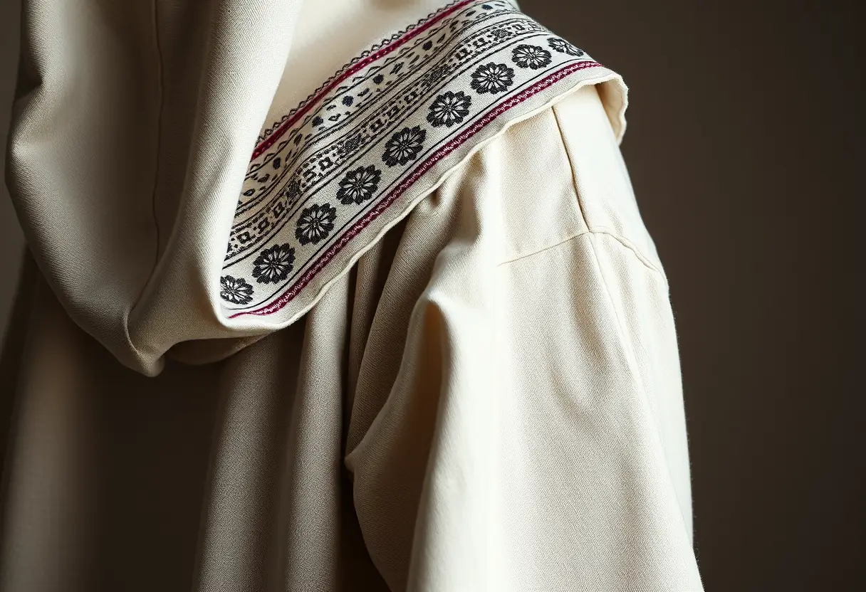 Gros plan sur le tissu en lin d'une djellaba avec des broderies délicates et des plis fluides.
