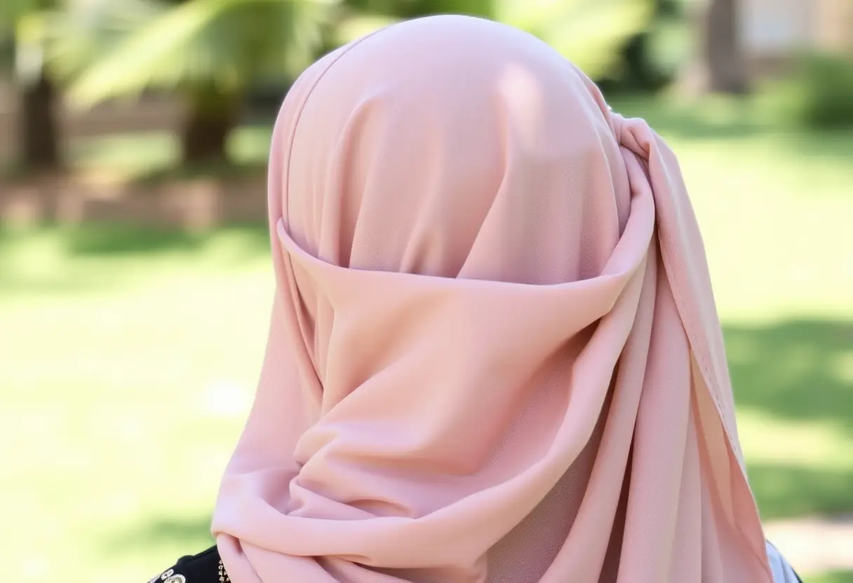 Un voile avec bonnet intégré se déroule gracieusement sur les épaules, ses fines dentelles et broderies visibles sous une lumière naturelle douce.