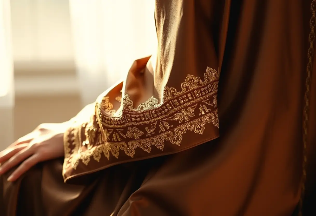 Gros plan sur la broderie dorée et les paillettes d'un caftan en soie luxueux.