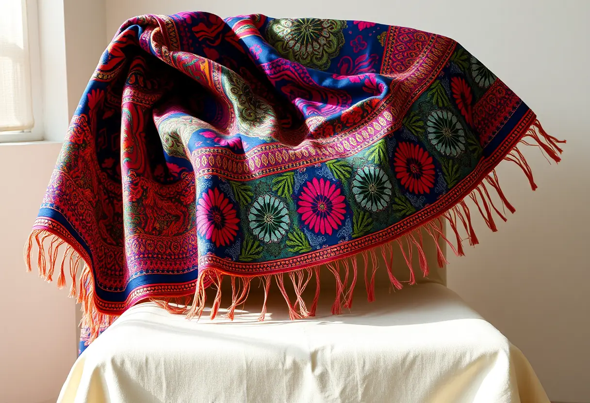 Un boubou multicolore orné d'embroideries finement travaillées et de motifs riches en textures.