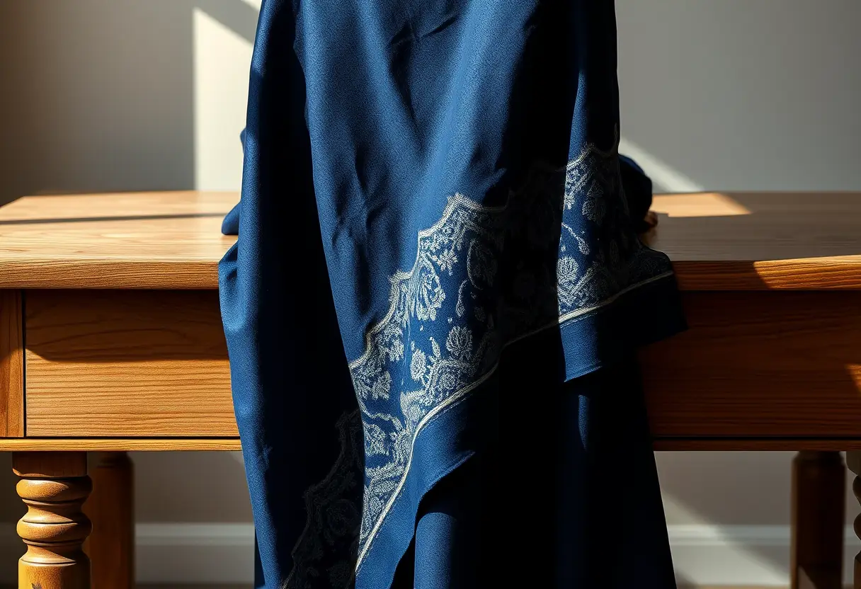 Un caftan bleu profond posé sur une table en bois, ses broderies sophistiquées brillent sous la lumière naturelle.