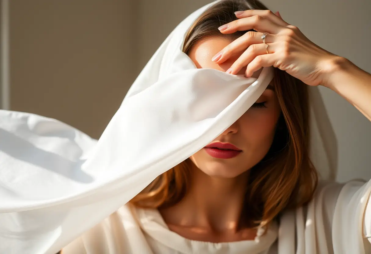 Une main féminine lisse délicatement un foulard en soie, soulignant sa texture
