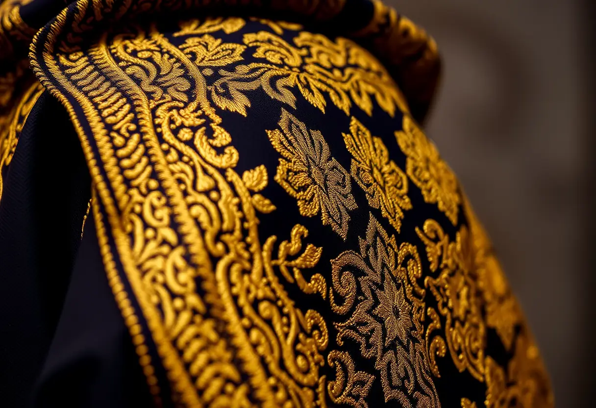 Gros plan sur la texture riche et les broderies dorées d'un boubou de cérémonie fluide.