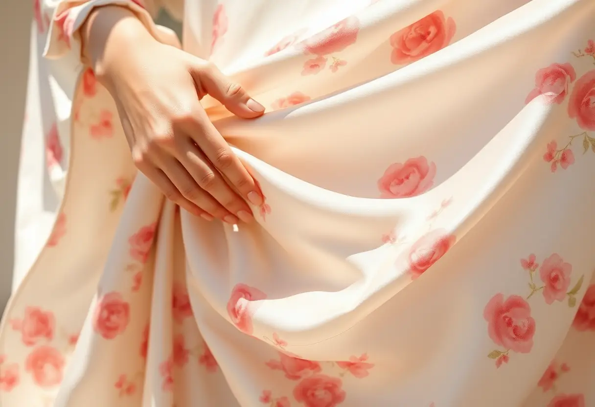 Une main lisse délicatement une robe caftan en soie, révélant son motif floral et sa brillance naturelle.