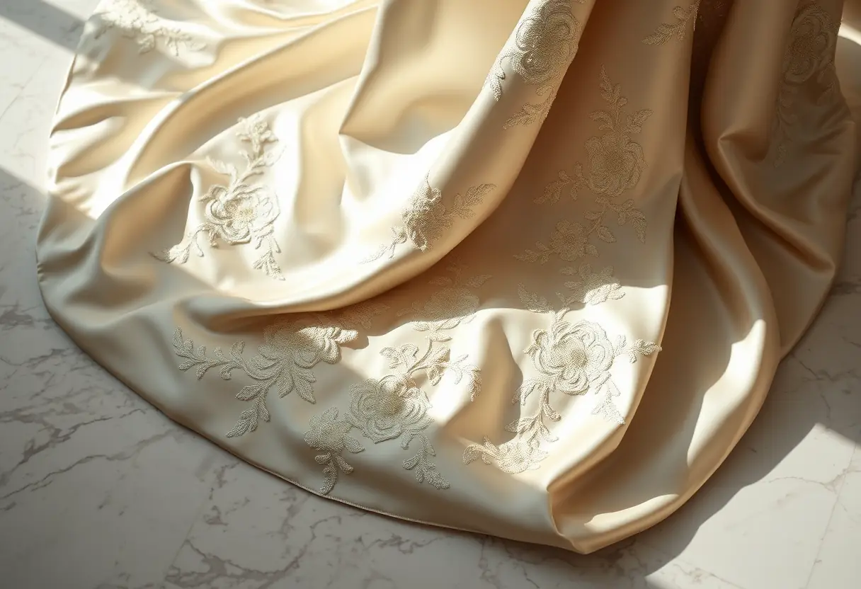 Gros plan sur l'ourlet d'une robe en satin avec broderies florales et plis fluides.