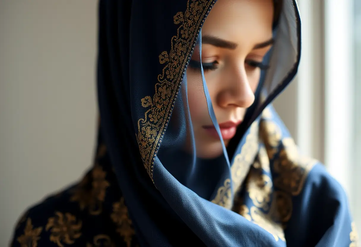 Hijab brodé d'or sur fond bleu marine, se dégageant gracieusement dans la lumière naturelle.