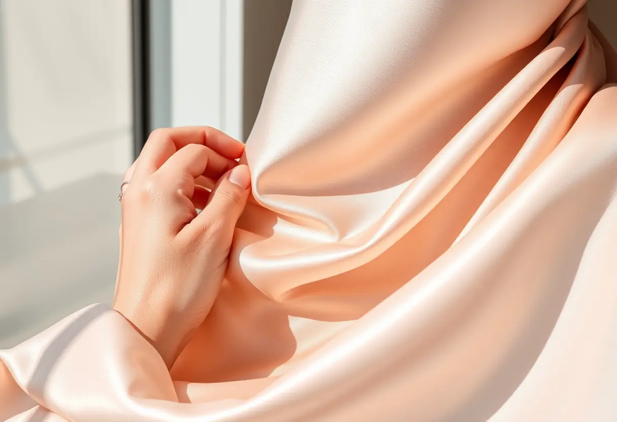 Une main arrange délicatement un voile en soie, mettant en valeur sa douce fluidité et son éclat sous la lumière naturelle.