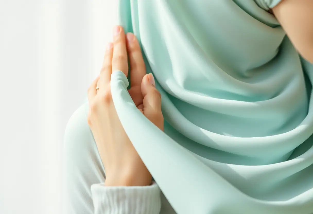 La main d'une femme lisse doucement un voile sportif, mettant en valeur sa texture légère et respirante.