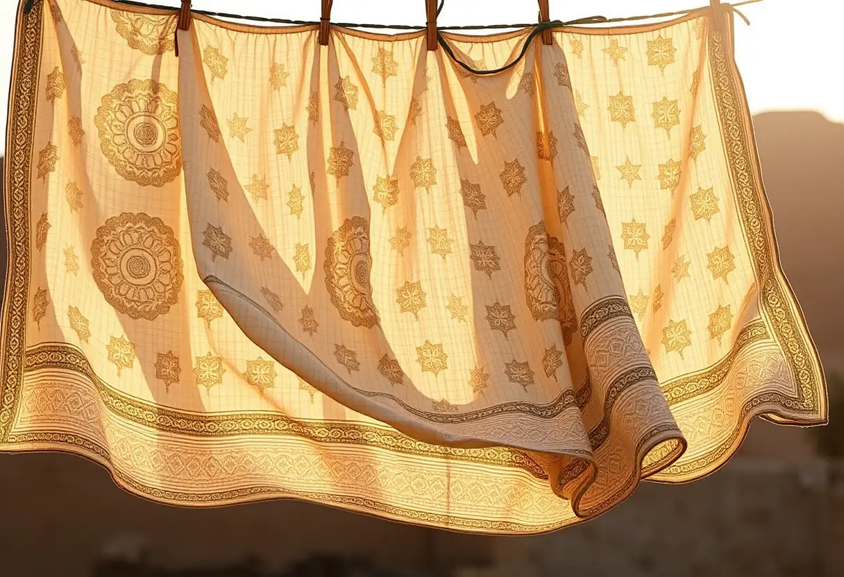 Un djellaba en bazin pend à une corde, ses motifs complexes capturant la lumière douce de l'après-midi.