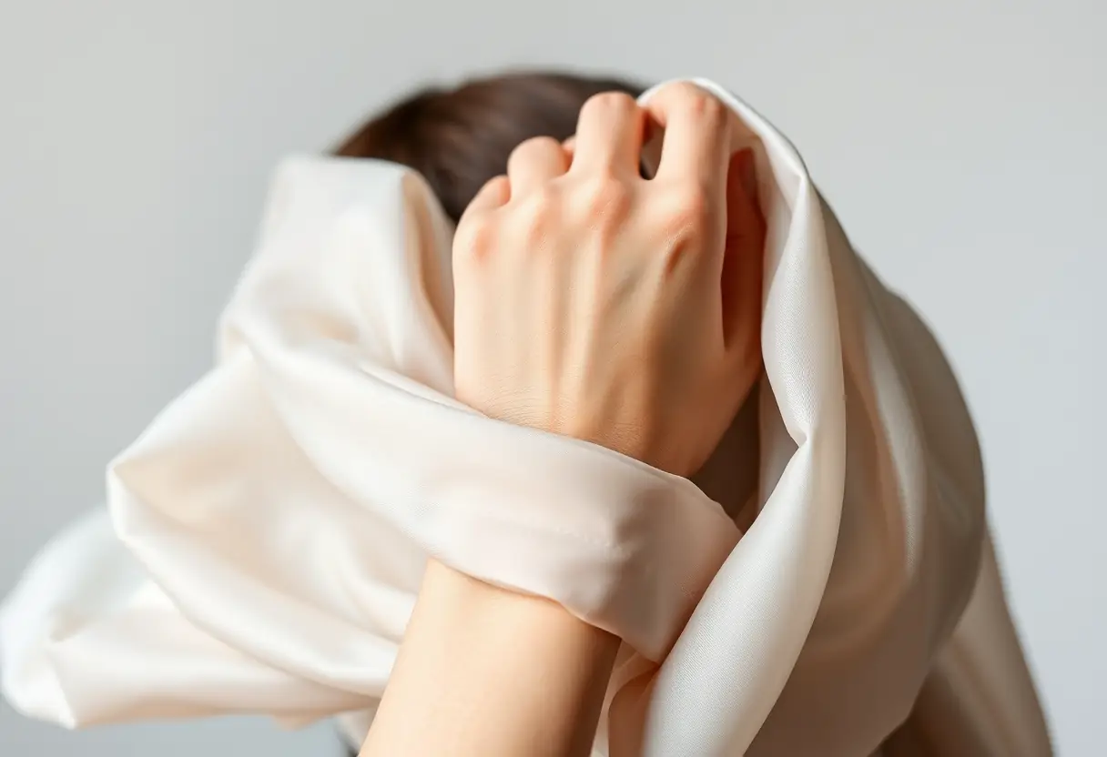 Une main féminine en train de nouer délicatement un foulard soyeux sur sa tête.