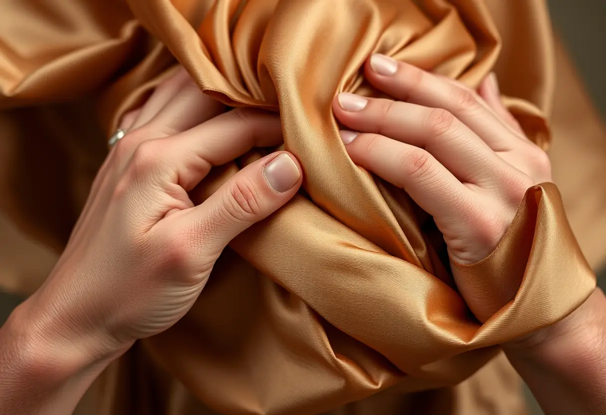 Des mains pliant un tissu de soie brillant pour former un turban avec des plis élégants.
