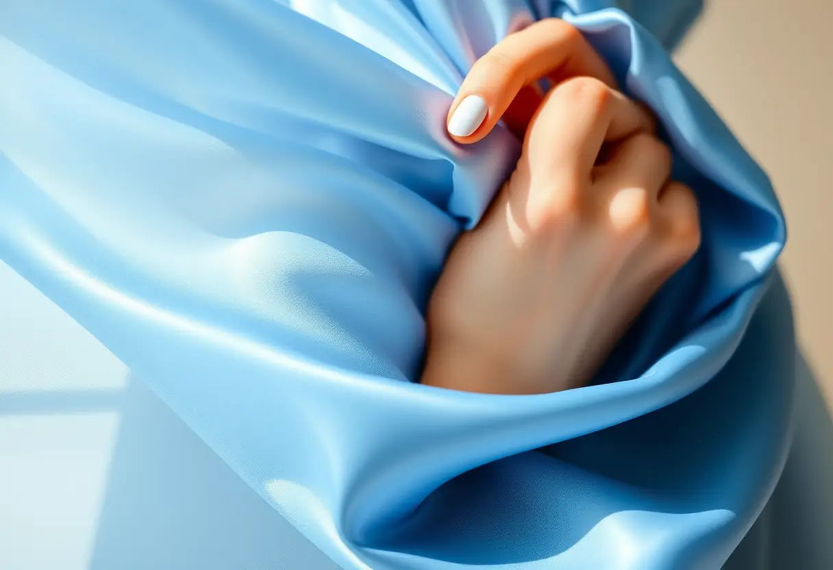 Une main lisse délicatement les plis d'un voile en soie, mettant en valeur son éclat et sa fluidité.