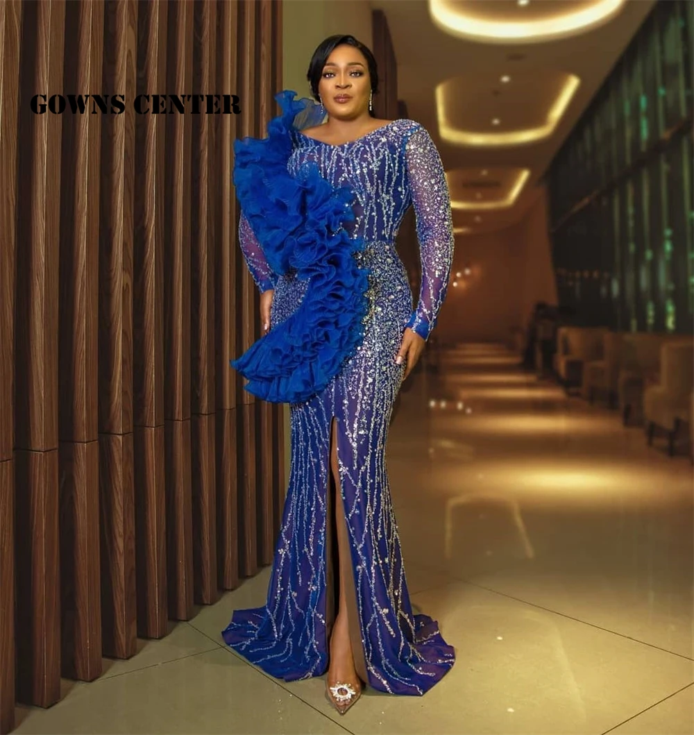Robe Soiree Acetate Bleu Sequins Dorés Volant Plume Elegant Maxi Longueur Coupe Ajustee Occasionnelle