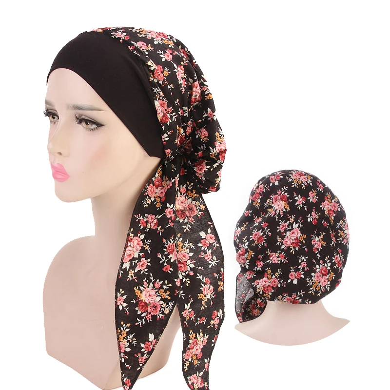 Foulard Turban Polyester Motifs Fleurs Roses Fond Noir Coupe Douce Leger Elegante Pratique Polyvalent Printemps Ete Automne Hiver Junior Femmes
