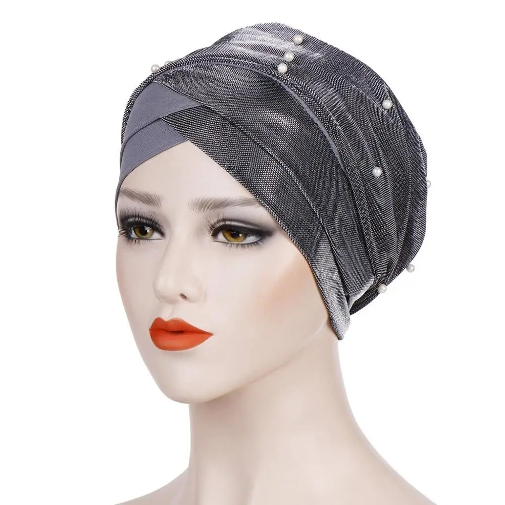 Turban Polyester Grey Beige Bordeaux Perles Dorées Plissés Souple Tombant Décontracté Musulman Interieur Toile Toute Saison Adultes