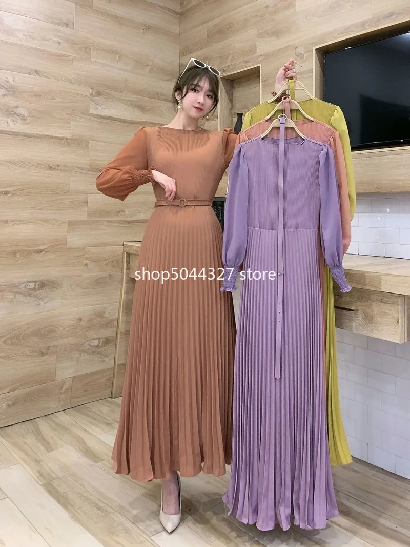 Robe Longue Acetate Rose Pale Femme Plissee Coupe Droite Tombé Ample Soirée Elégante İslamique Aïd Ramadan