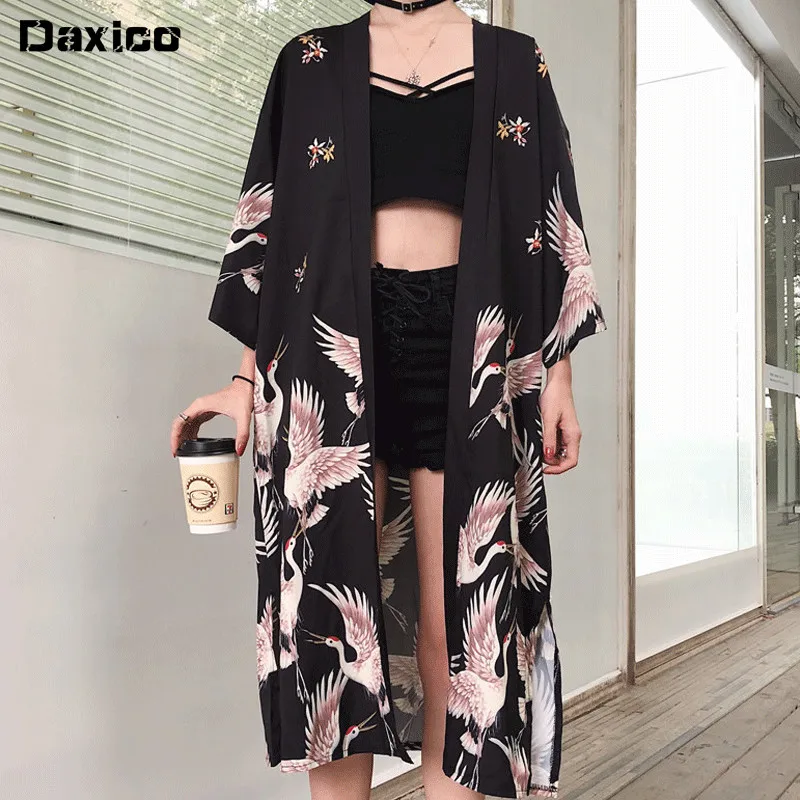 Kimono Polyester Noir Femme Manches Trois Quarts Motif Floral Oiseaux Volant Cape Droite Ample Milieu Cuisses Doux Ondulé