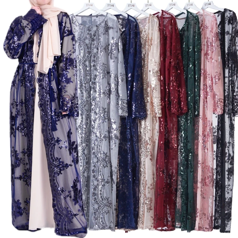Cardigan brodé en maille de dentelle pour femmes musulmanes, Kimono à paillettes, Abaya, Kaftan, Robe de Dubaï, Vêtements du Moyen-Orient, Mode d'été