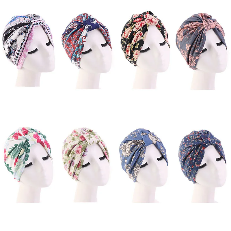 Mode impression dames Turban bonnet coton doux arabe enveloppes haut noeud hijab casquettes femmes foulard prêt à porter dames turbante