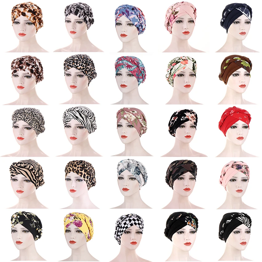 Tressage Hijabs pour femmes croix front imprimé fleuri femme musulmane Turban pour fête élégant islamique bandeau élastique Hijab Bonnets