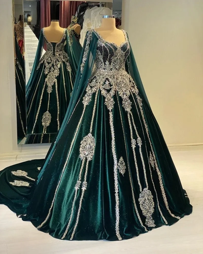 Caftan marocain vert Caftan robes de soirée musulmanes a-ligne chérie Appliques dubaï arabe Abaya robe islamique personnalisée