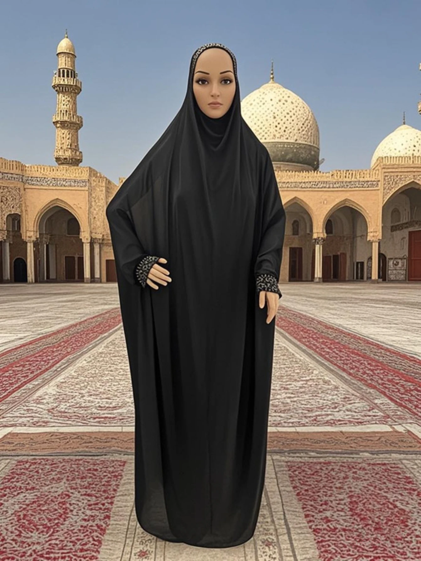 Abaya Noire Polyester Manches Longues Hijab Assorti Silhouette Ample Minimaliste Elegante Soiree Ramadan Aid