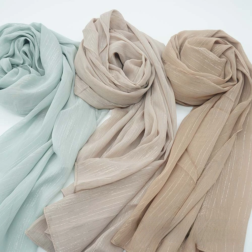 Écharpe brillante en mousseline de soie pour femme, hijab plissé et froissé, long châle islamique