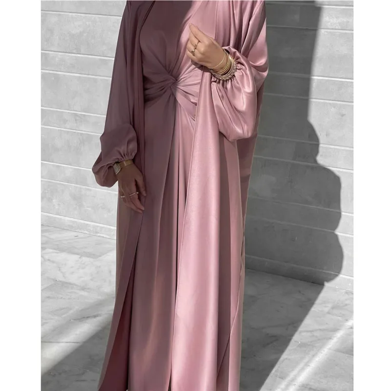 Robe Hijab musulmane Eid Satin Abayas 3 pièces ensembles assortis femmes ouvert turquie Robe arabe caftan Kimono Femme Jalabiya robes Robe