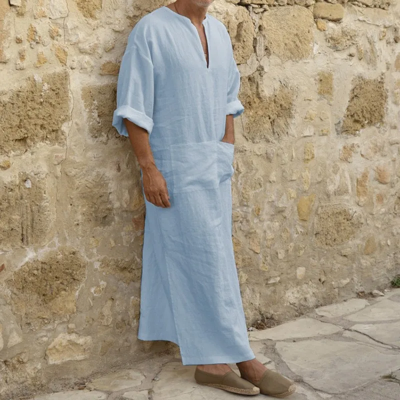 2023 nouveaux hommes Jubba Thobe caftan musulman arabe islamique col en v manches courtes solide coton lin Robes mode musulmane arabie homme abaya