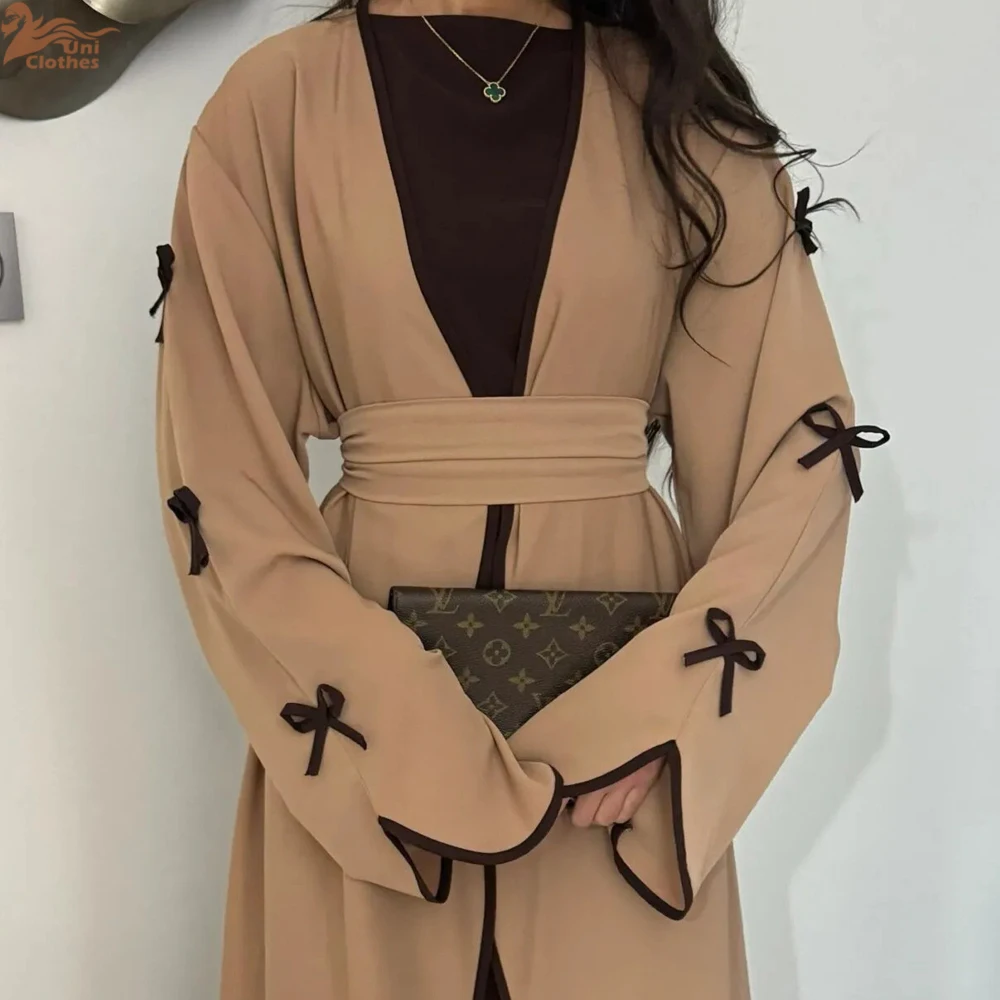 Ramadan Eid ouvert papillon noeud Kimono Abaya Damen dubaï luxe Islam musulman Robe modeste femmes Kebaya caftan Robe Femme Musulman