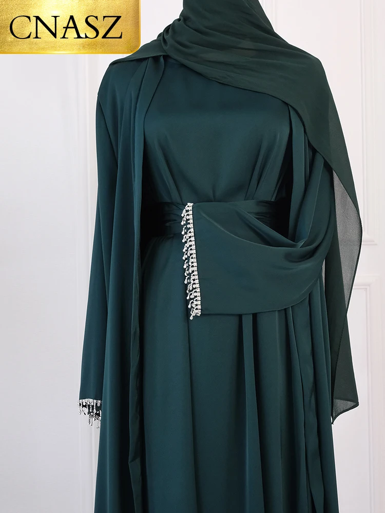 Ramadan musulman Abaya Nida robe noire avec chaîne de cristal ensembles islamiques élégants dubaï longue femme robes de soirée Caftan marocain