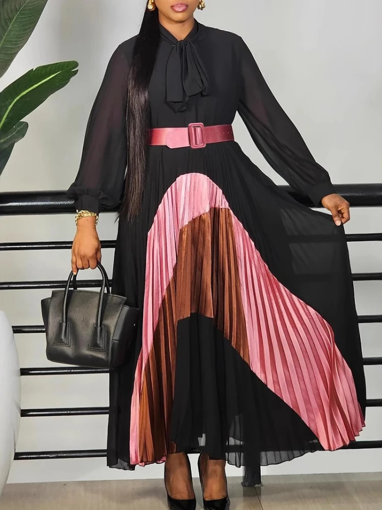Femmes élégantes à manches longues Patchwork Maxi robe plissée avec ceinture nœud manches bouffantes vêtements africains dubaï caftan Abaya tenue de fête