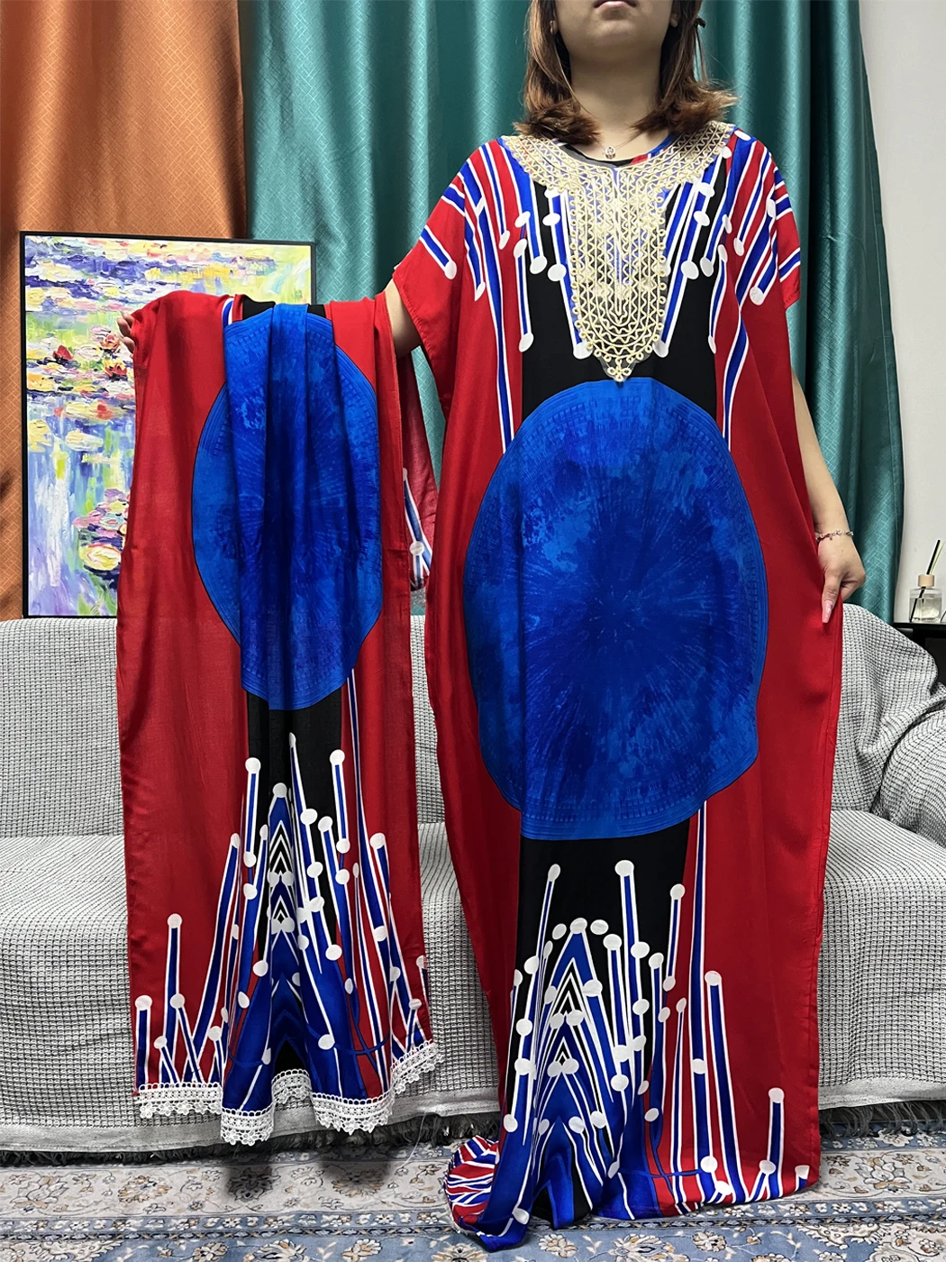 Abayas musulmanes pour femmes, avec des Appliques imprimées, en coton, manches courtes, ample, Caftan marocain avec écharpe châle en dentelle 160x80cm