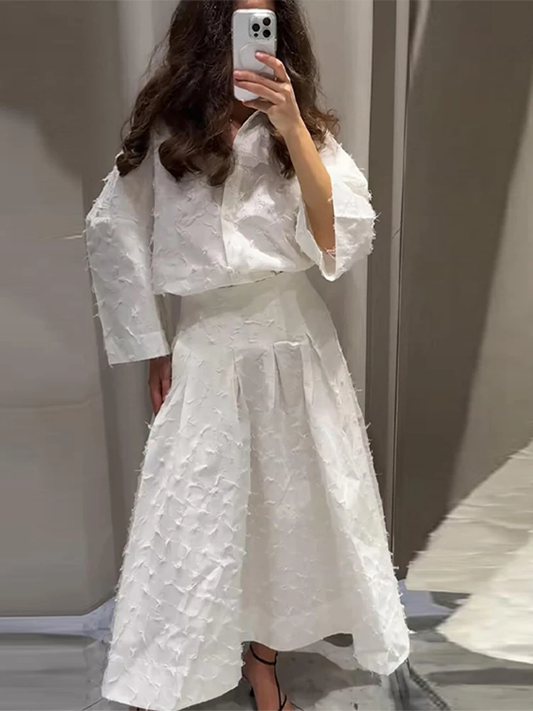 Ensemble 2 pièces décontracté à franges pour femmes, col à revers blanc, chemise à manches longues, jupe longue trapèze, costume de rue pour dames, nouveau