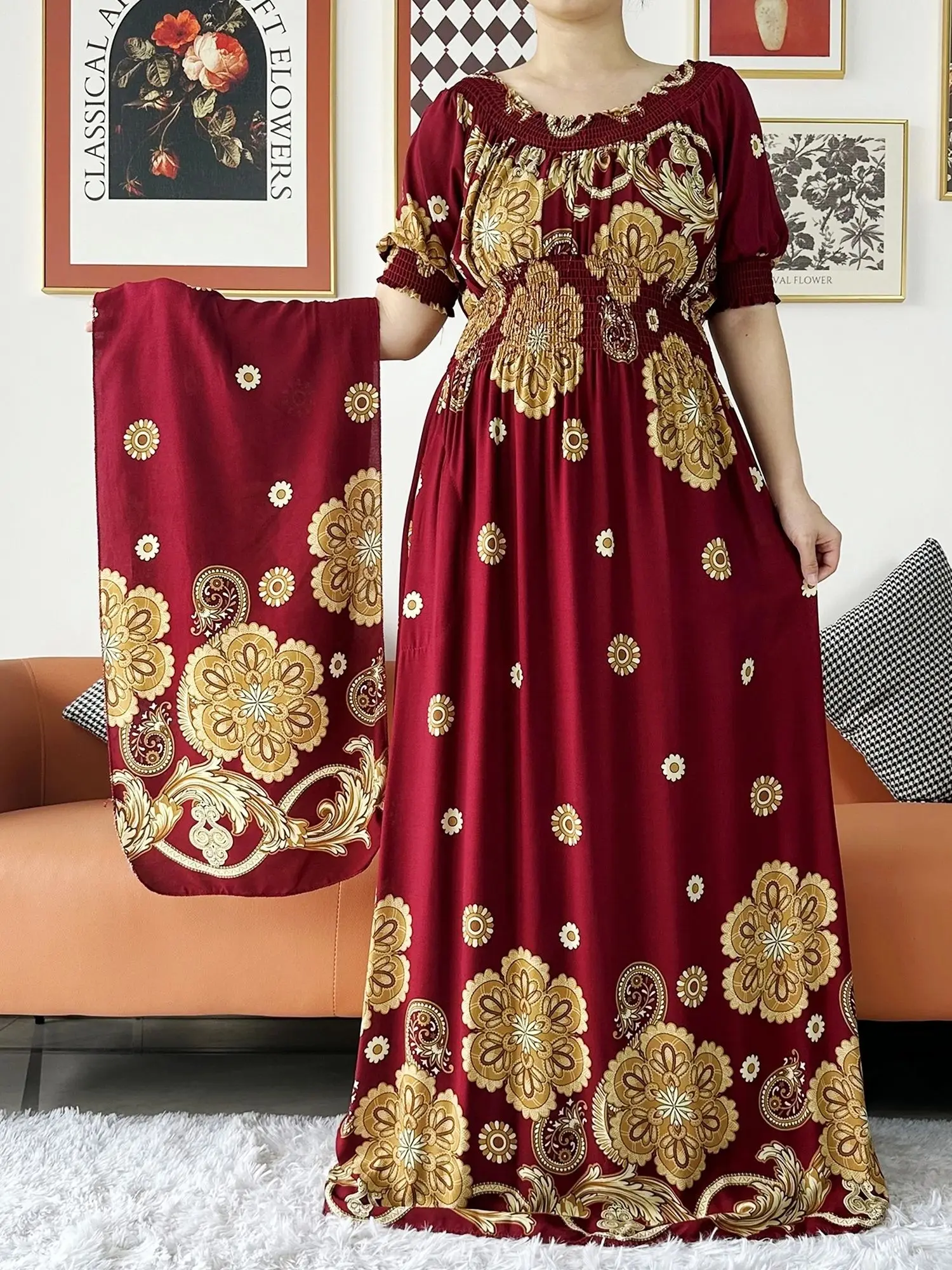 Abaya Robe Longue Coton Rouge Bordeaux Motif Floral Doré Bleu Marine Noir Occasion Élégante Soirée Ramadan Aïd