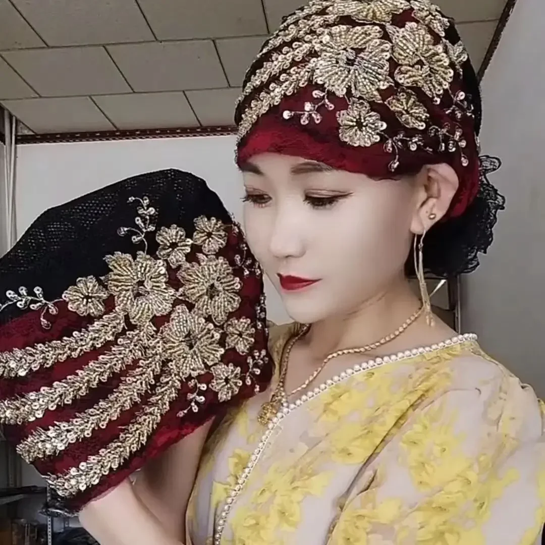 Chapeaux turban en dentelle pour femmes, écharpe de sauna musulmane, couvre-chef féminin, casquettes, bonnet, couvre-cheveux, broderie de diamants scintillants, 03