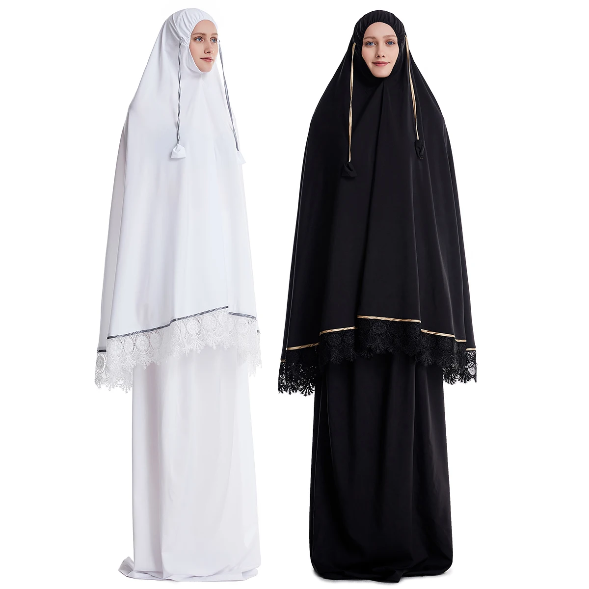 Abaya Large Polyester Noir Bordure Dentelle Blanche Occasion Religieuse Fête Traditionnelle Soirée Elégante Ramadan Aide