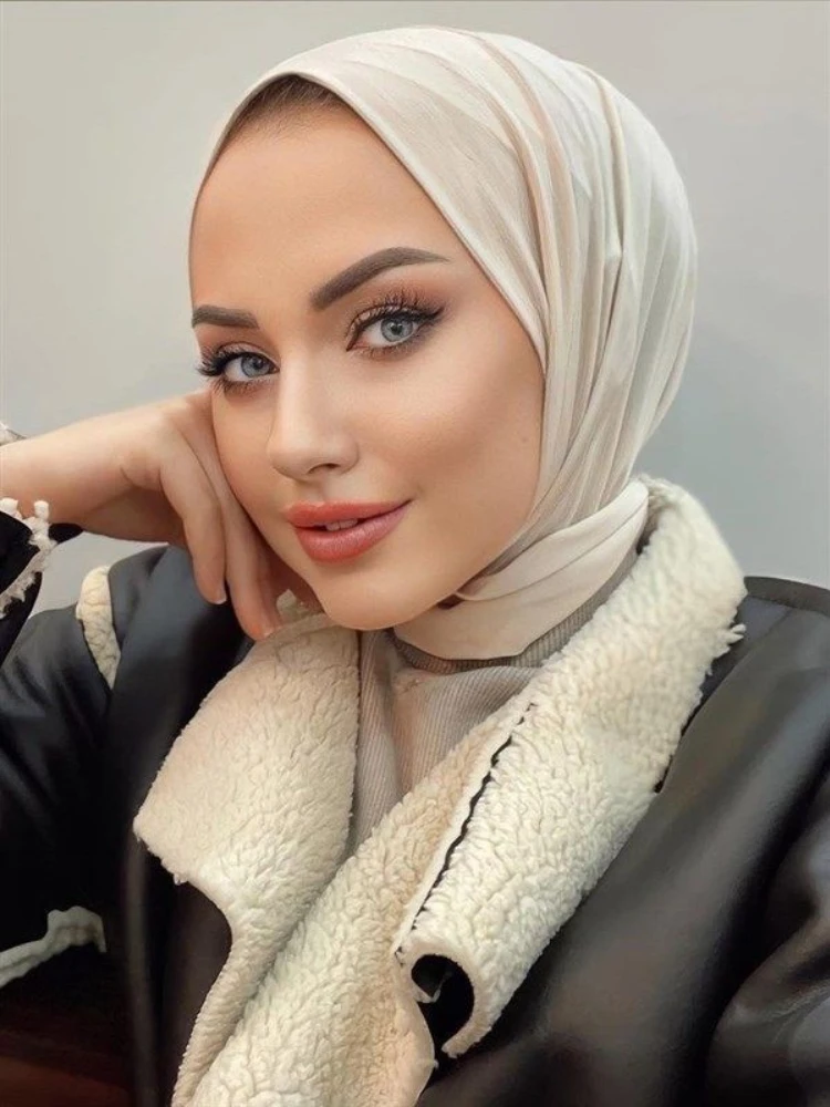 Hijab Jersey Polyester Couleur Beige Violet Noir Léopard Coupe Simple Longueur Moyenne Occasion Journee Fete