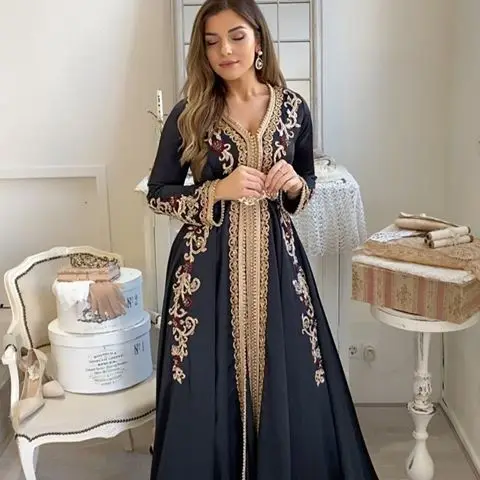 Caftan marocain noir robes de soirée musulmanes a-ligne manches longues Appliques dubaï arabe Caftan Abaya robe islamique personnalisée